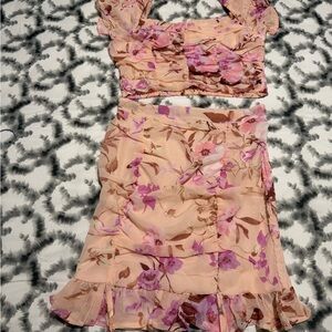 Peach Floral Ruffle Two-Piece Set - Crop Top & Skirt